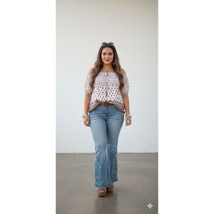 Off Shoulder Top Smocked Short Sleeve White Pink Paisley Print Boho Plus Size 2x